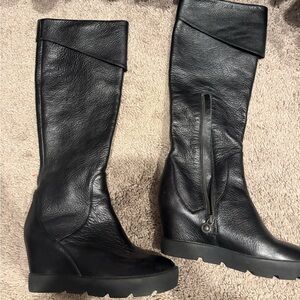 Black Leather Knee-High Wedge Boots